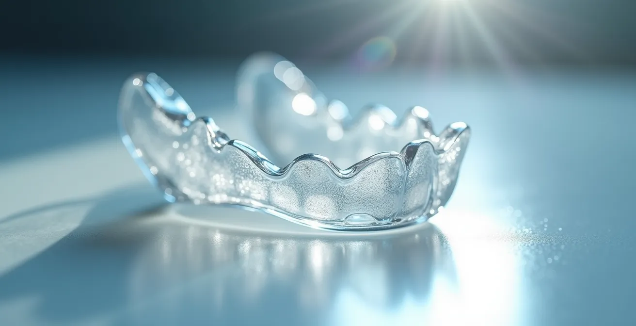 Gros plan macro sur les matériaux d’une orthèse dentaire, montrant la précision d’ajustement et la texture des surfaces médicales