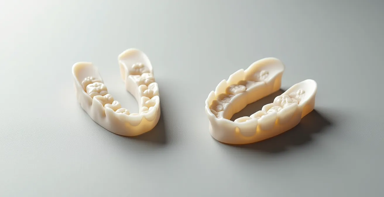Deux orthèses dentaires posées sur un plan neutre, symbolisant le choix entre une solution standard et une personnalisée