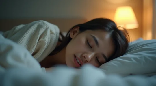 Vue artistique d'une personne endormie paisiblement avec une orthèse dentaire sur fond doux, évoquant la respiration fluide et le sommeil réparateur