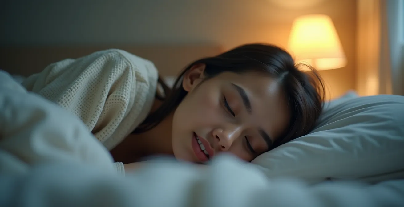 Vue artistique d'une personne endormie paisiblement avec une orthèse dentaire sur fond doux, évoquant la respiration fluide et le sommeil réparateur