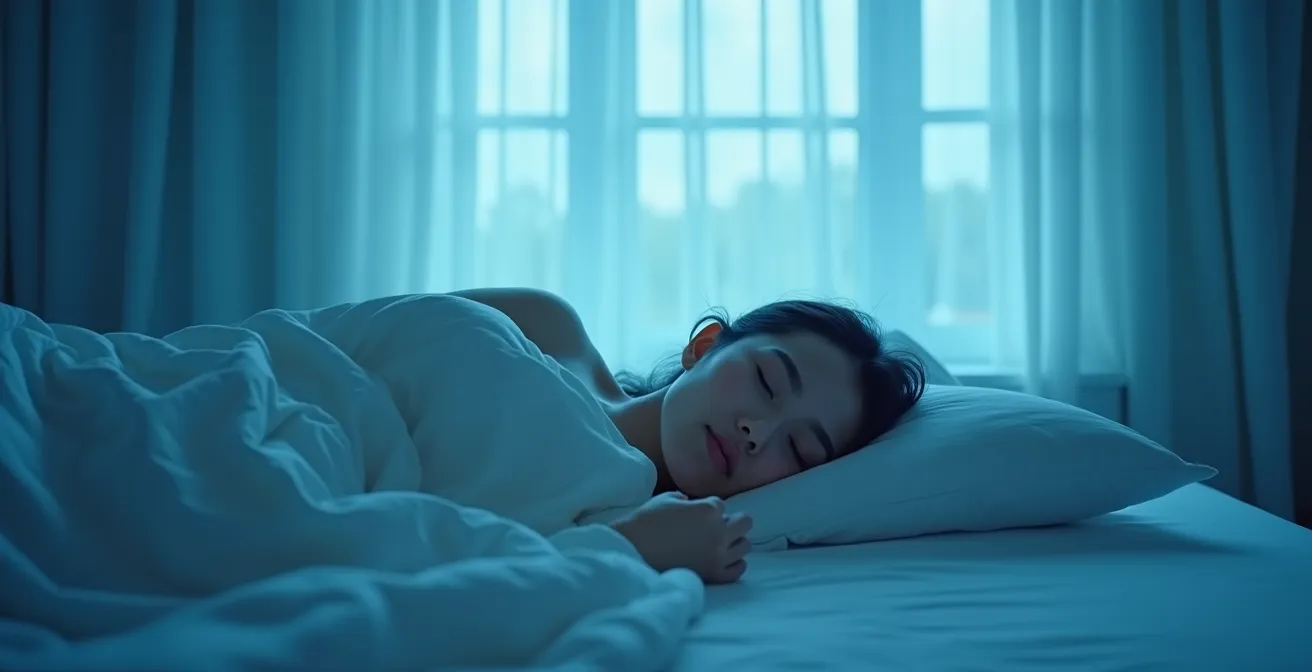 Représentation artistique d’une respiration fluide pendant le sommeil avec un éclairage doux symbolisant l’oxygénation nocturne