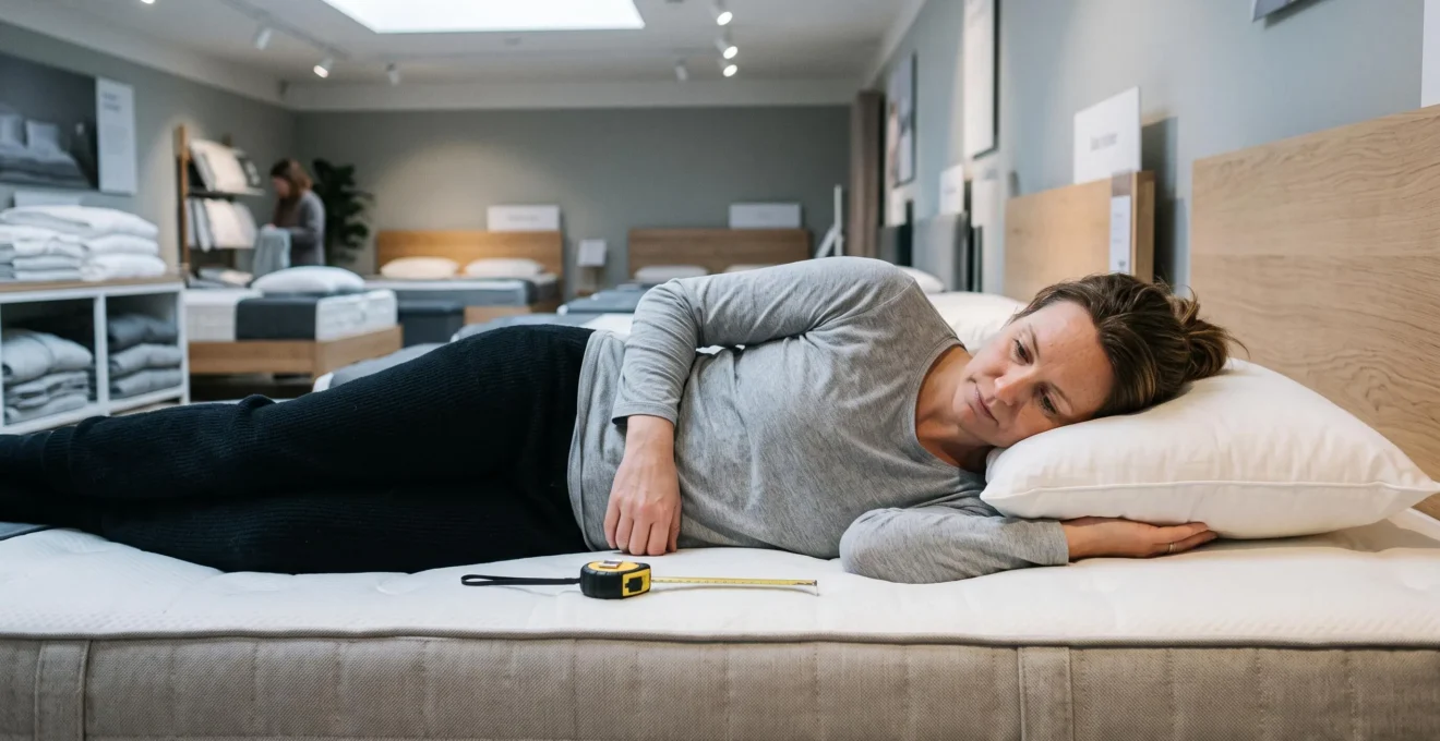 Une femme dormant sur le côté sur un matelas en magasin, une bande de mesure posée à côté d'elle sur le matelas.