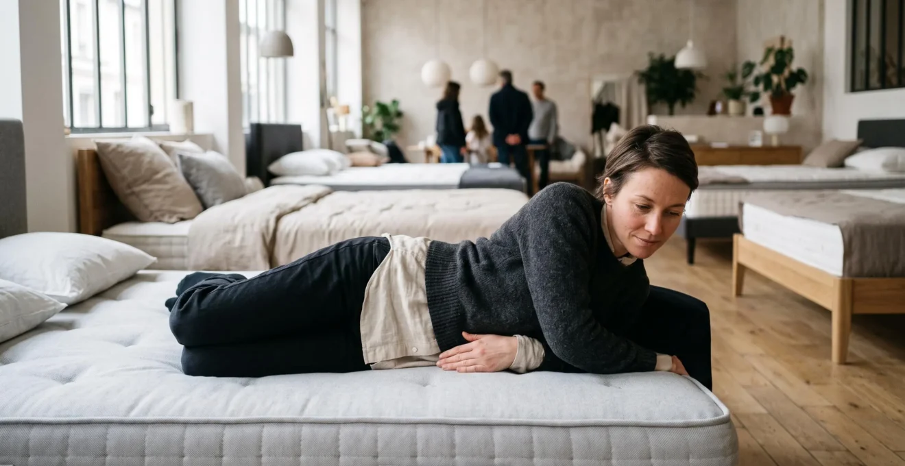 Une femme allongée sur le côté sur un matelas glisse sa main entre ses lombaires et le matelas pour tester le maintien.