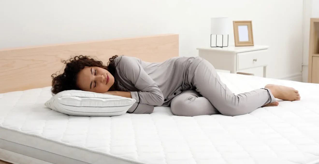 Une femme allongée sur le côté sur un matelas glisse sa main entre ses lombaires et le matelas pour tester le maintien.