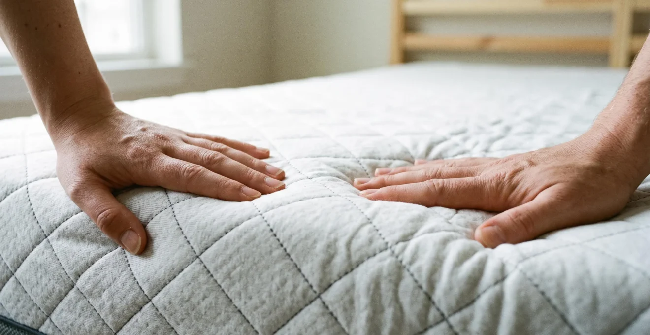 Gros plan sur deux mains pressant deux zones différentes d'un matelas pour comparer la fermeté de surface.