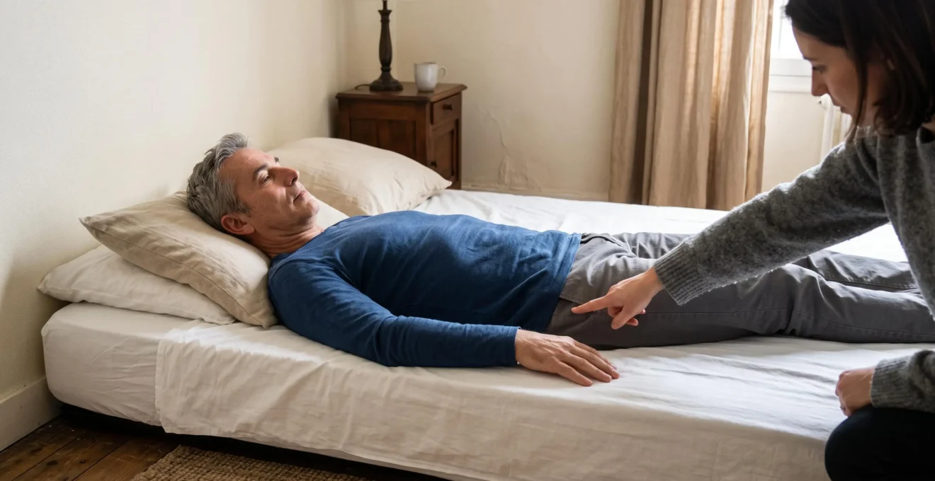 Un homme allongé sur le dos sur un matelas pendant qu'une seconde personne vérifie l'alignement de sa colonne vertébrale.